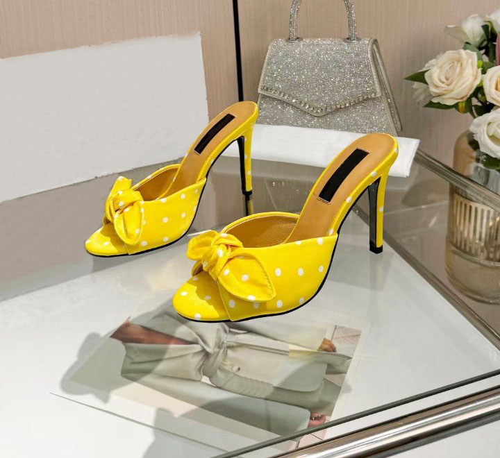 Genuine leather women's high heel slippers fashionable bow metal buckle open toe sandals 9.5cm runway party wedding casual beach shoelace box 35-42