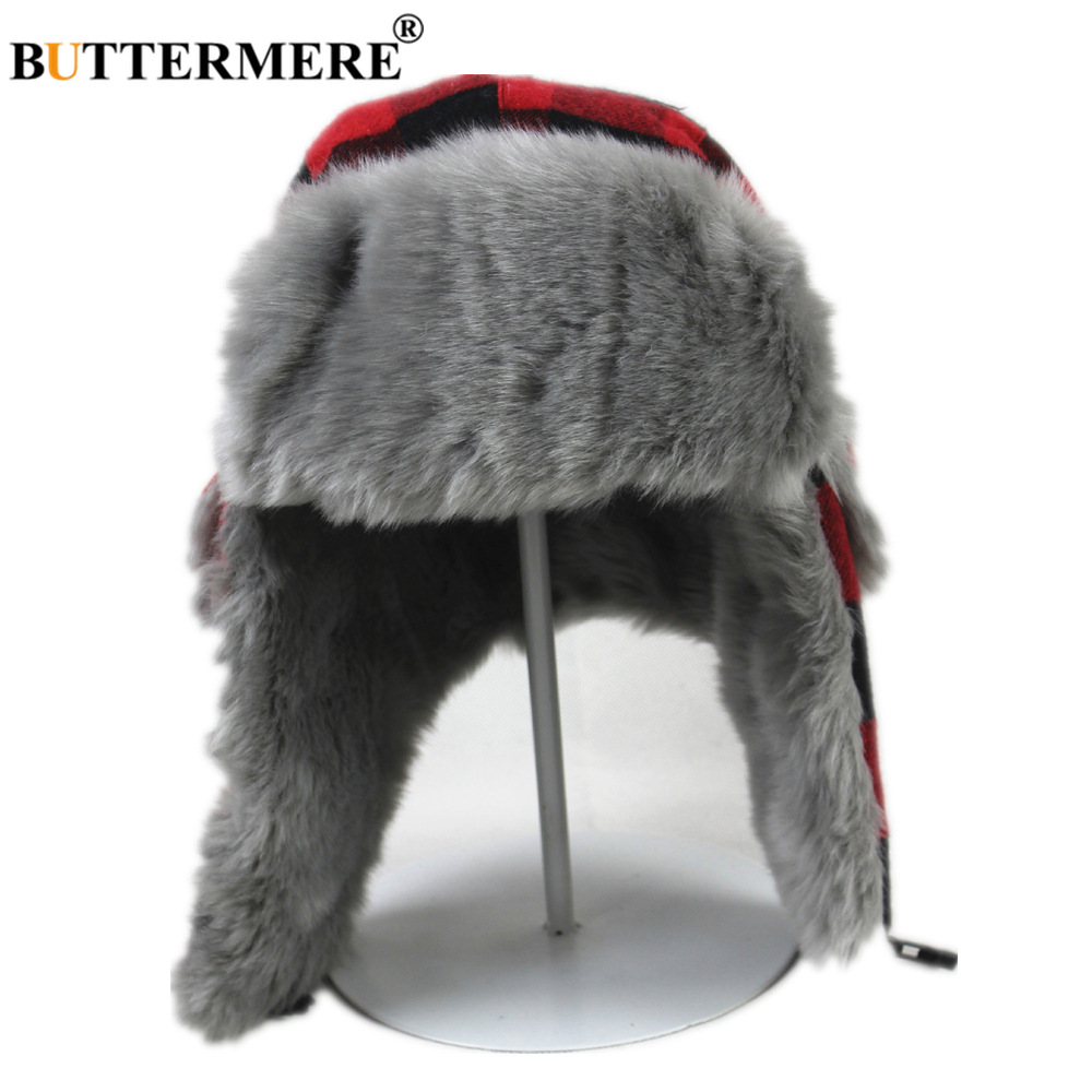 BUTTERMERE Winter Hats for Men Women Red Plaid Trapper Hat Earflap Cashmere Warm Thick Hunter Snow Ski Brand Fur Russian Cap