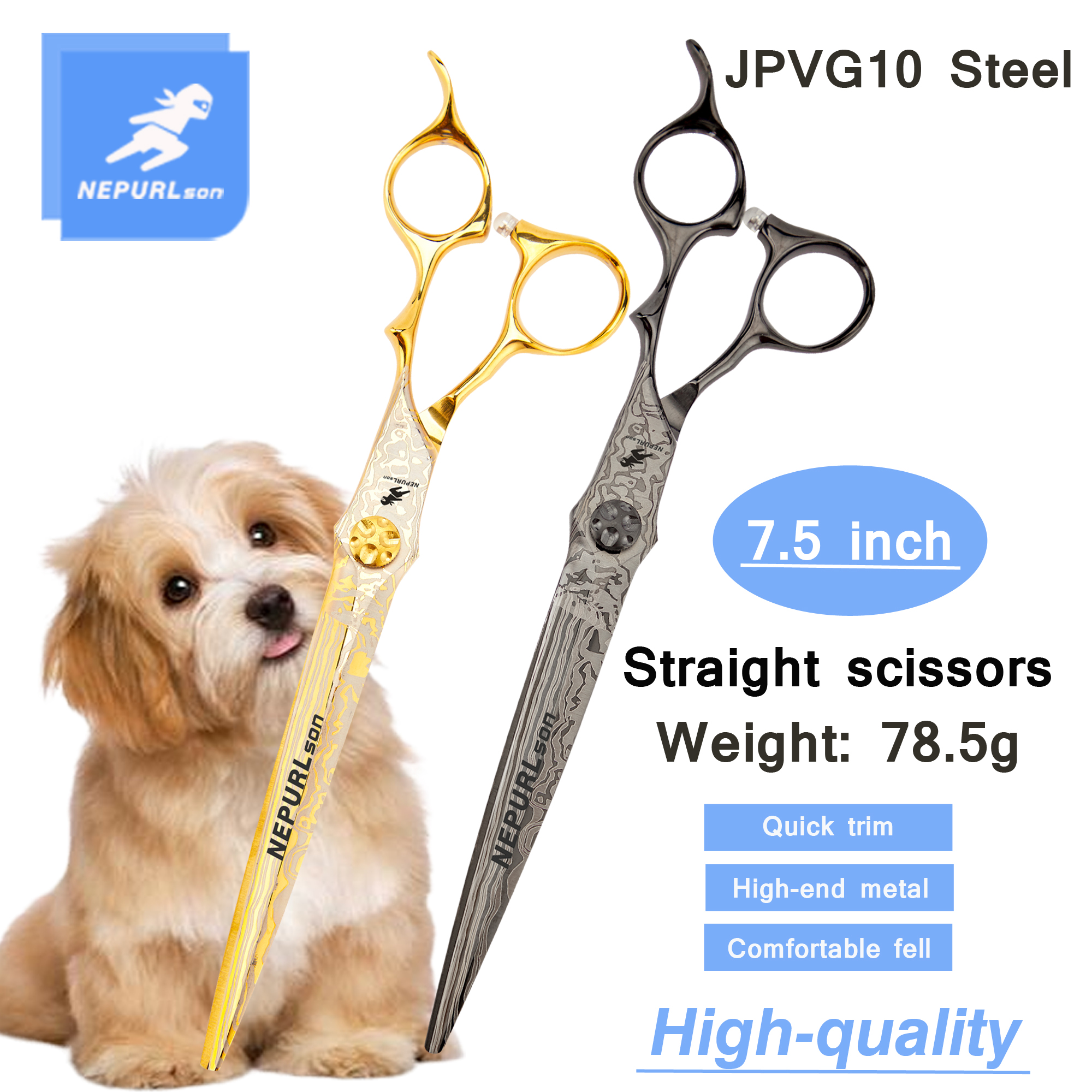 7.5 inch gold/black color Damascus Veterinary Animal Shaped Scissors Pet Grooming Scissors Pet Rotating handle swivel thumb