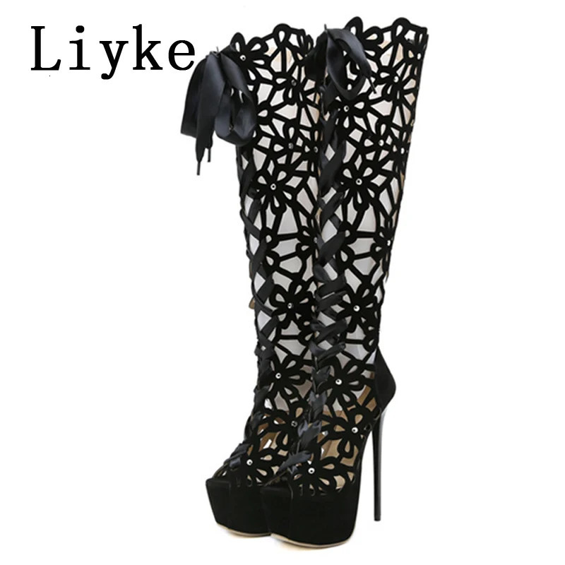 Liyke 16CM Ultra Thin High Heels Sexy Nightclub Hollow Out Over The Knee Boots Women Peep Toe Lace-Up Zip Platform Shoes Sandals 240629