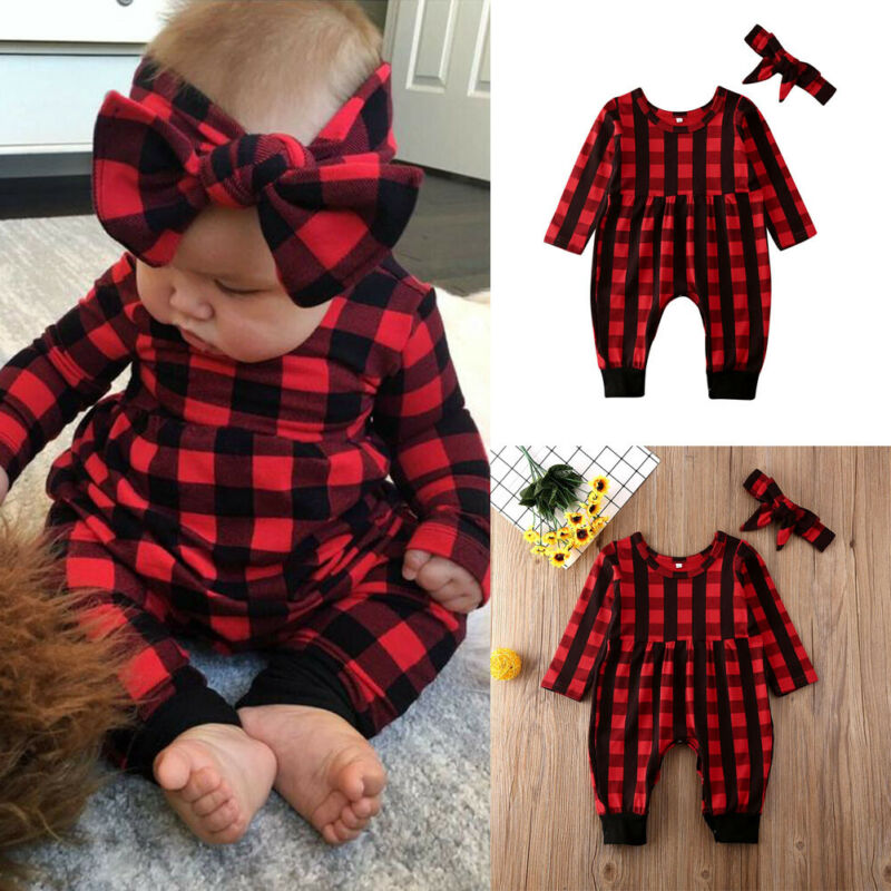 Christmas Newborn Baby Girls Plaid Romper Bodysuit Jumpsuit Headband Outfits Clothes 2021 New Fashion