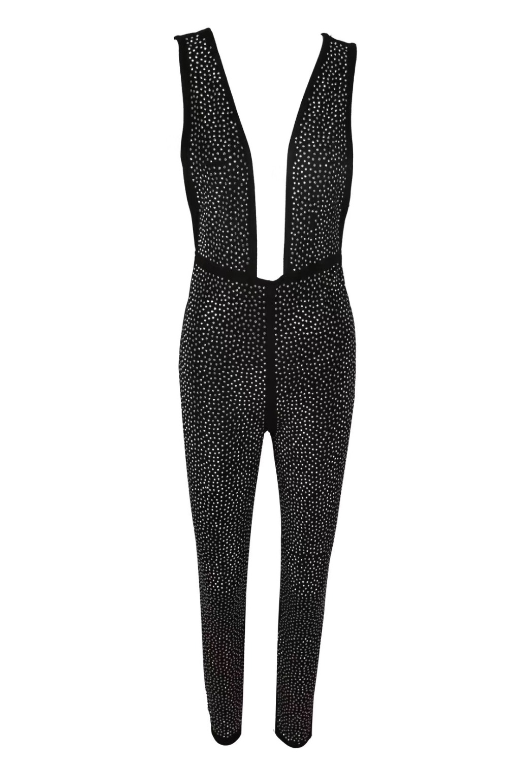 Black Elegant Sequin Jumpsuit Women Sleeveless Office Overalls Female Sexy Deep V-Neck Party Club Bandage Jumpsuits