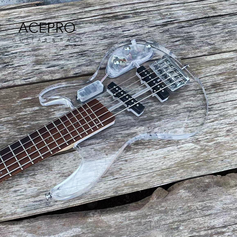 5 String Electric Bass Guitar Blue LED Light, Acrylic Body and Headstock, Maple Neck Rosewood Fretboard, LED Color Customizable