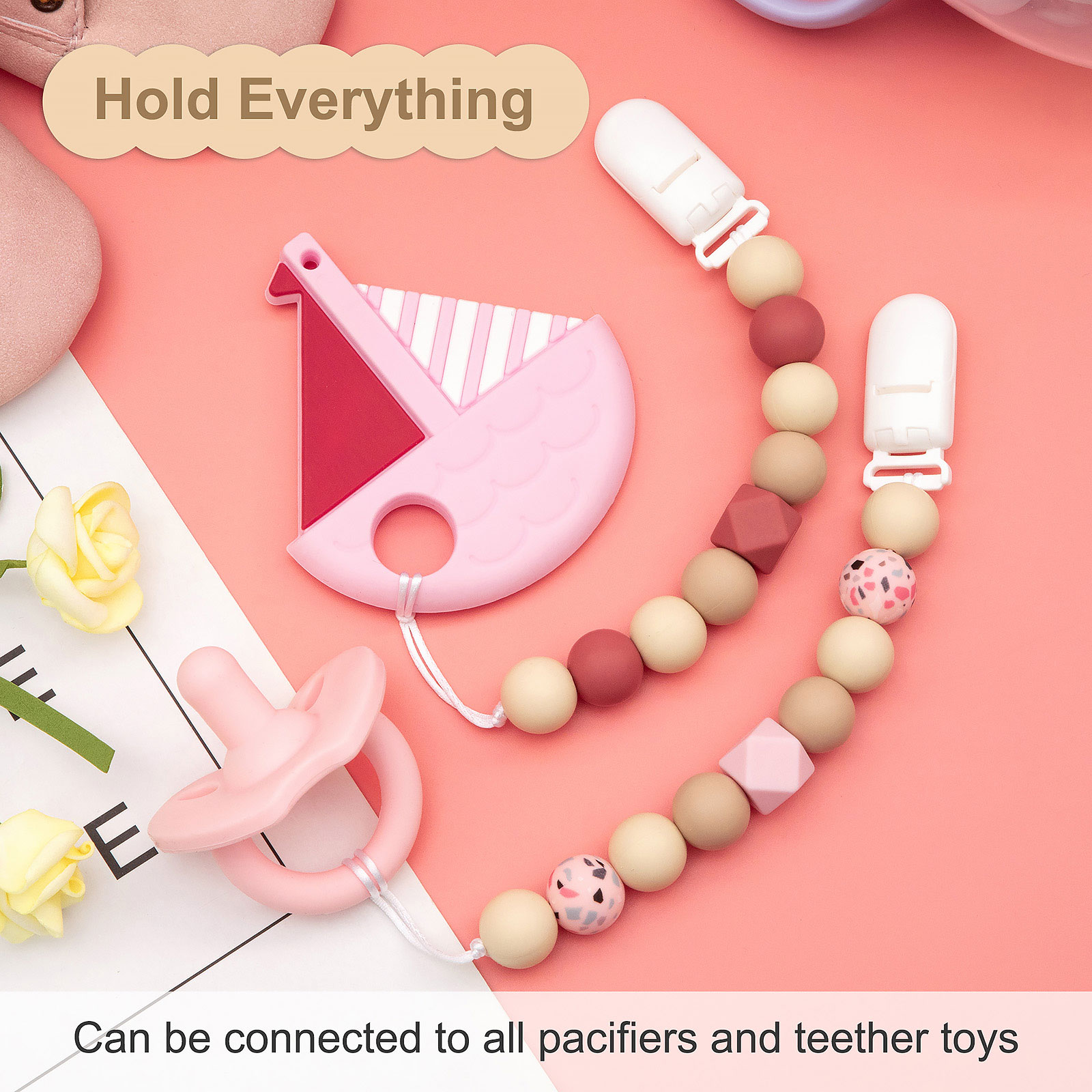 TYRY.HU Pacifier Clip Soother Chains for Babies BPA Free Soft Silicone Teething Beads Teether Pacifier Holder 2pcs With Boxs