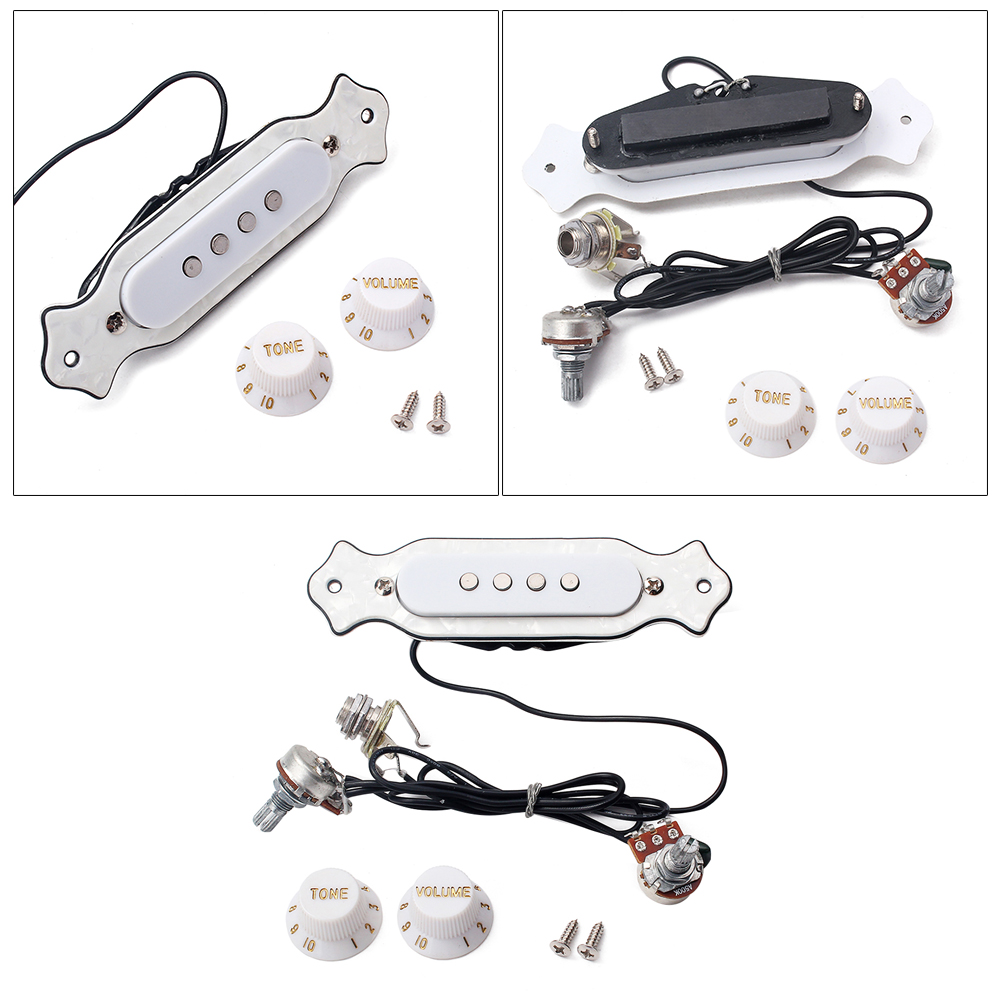 Pre-wired 4 String Electric Box Guitar Magnetic Soundhole Pickup with Volume Tone Control Knob GMB337 White