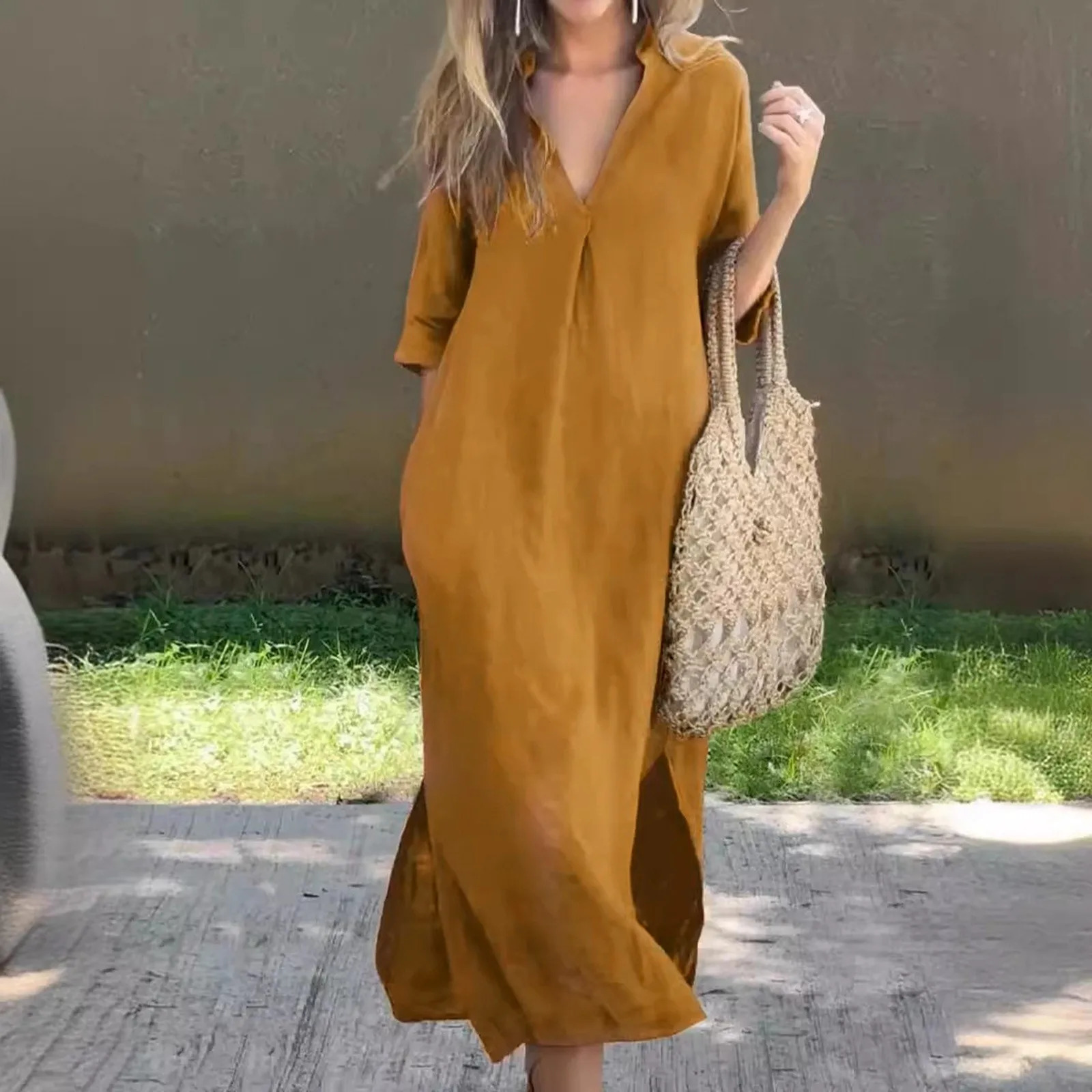 Womens Cotton And Linen Sundress 2024 Summer Fashion V Neck Long Maxi Dress Solid Color Short Sleeved Loose Casual Beach 240627