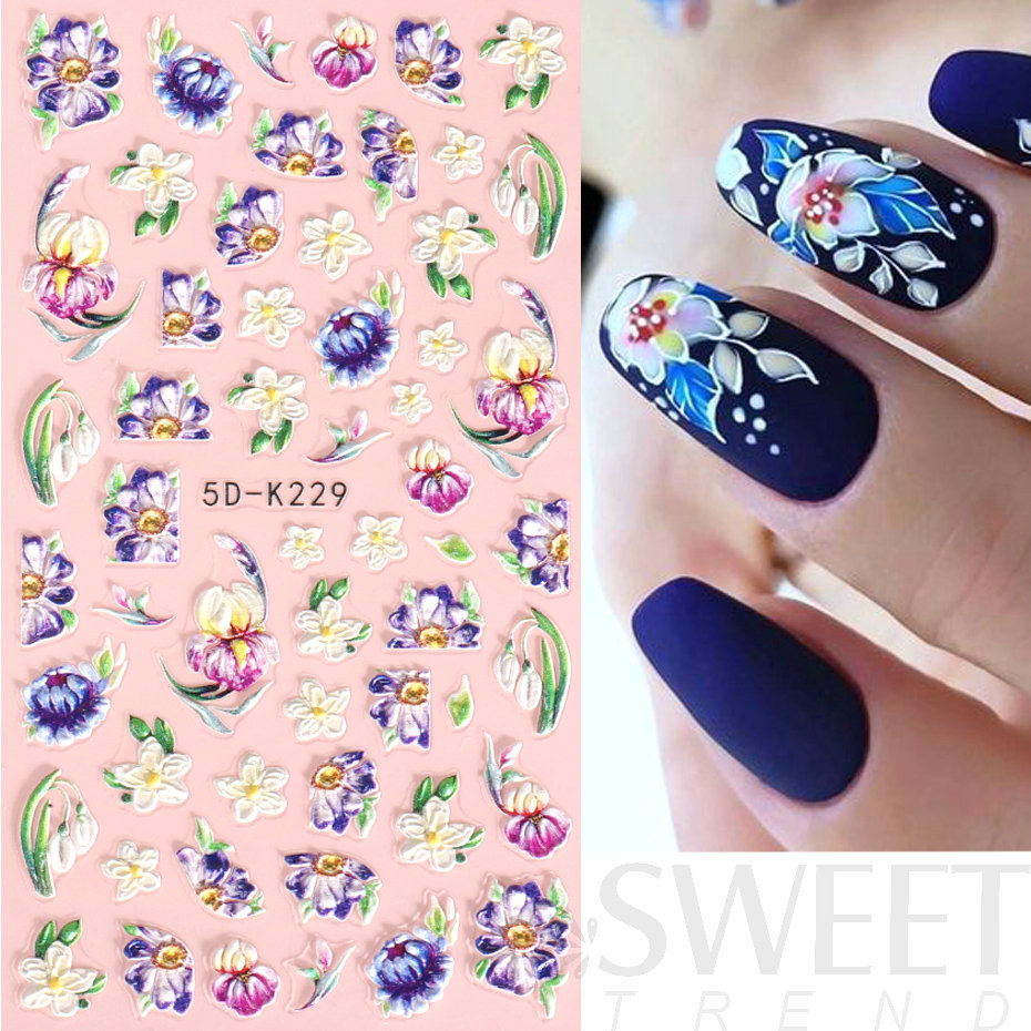 5D Acrylic Embossed Nail Art Stickers Yellow Mimosa Butterfly Daisy Flower Gel Polish Engraved Manicure Sliders Nail Tips BE5D-K