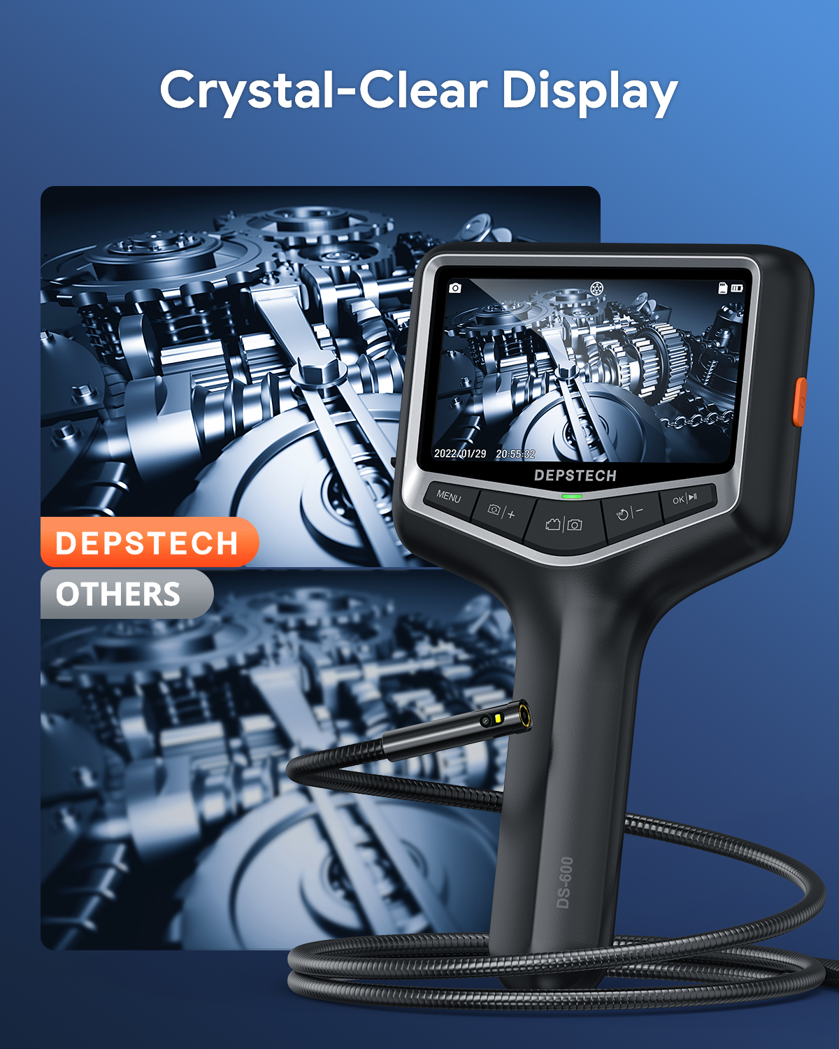 DEPSTECH 1080P Endoscope Camera 7.9mm Lens 4.3inch Screen Borescppe with Gooseneck Cable Borescope Camera Car Endoscopic DS600