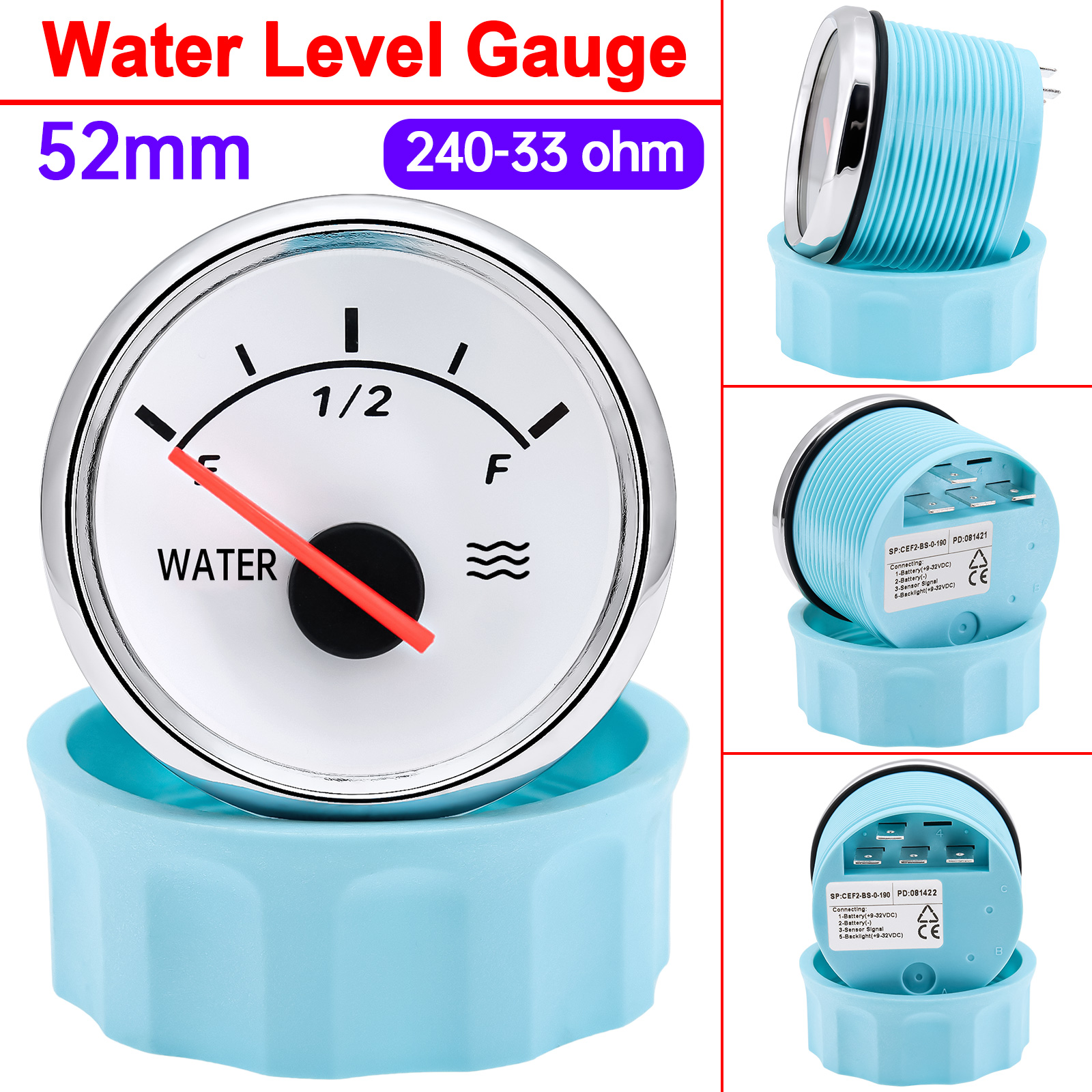 New Boat Car Water Level Gauge With Water Level Sensor 52mm Water Level Meter With Red Backlight 150-600mm 240-33 Ohm Sensor