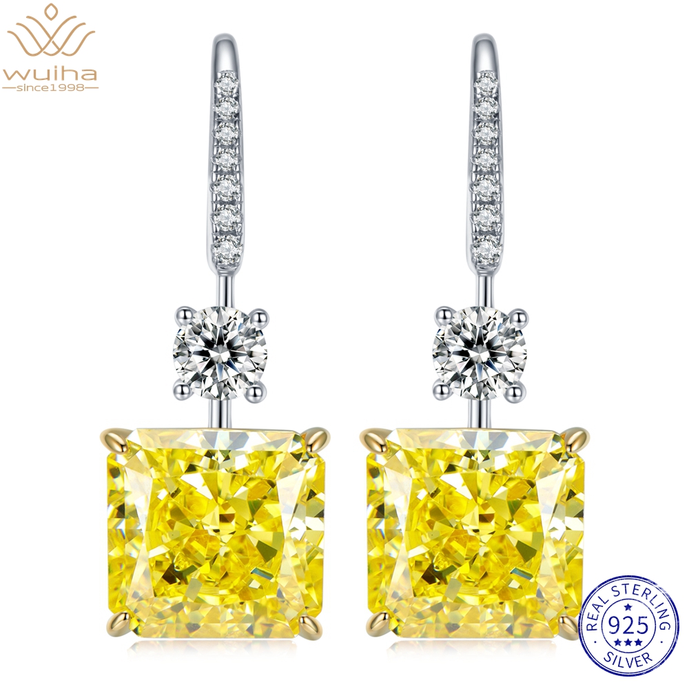 WUIHA Real 925 Sterling Silver Crushed Ice 6CT Yellow Sapphire Synthetic Moissanite Drop Earrings for Women Gift Drop Shipping