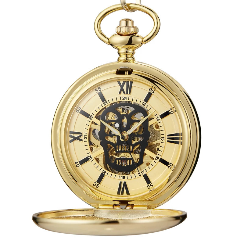 Gold Skull Mechanical Pocket Watch Steampunk Skeleton Hand-wind Flip Clock Fob Watch With Chain For Men Women Collection 240626