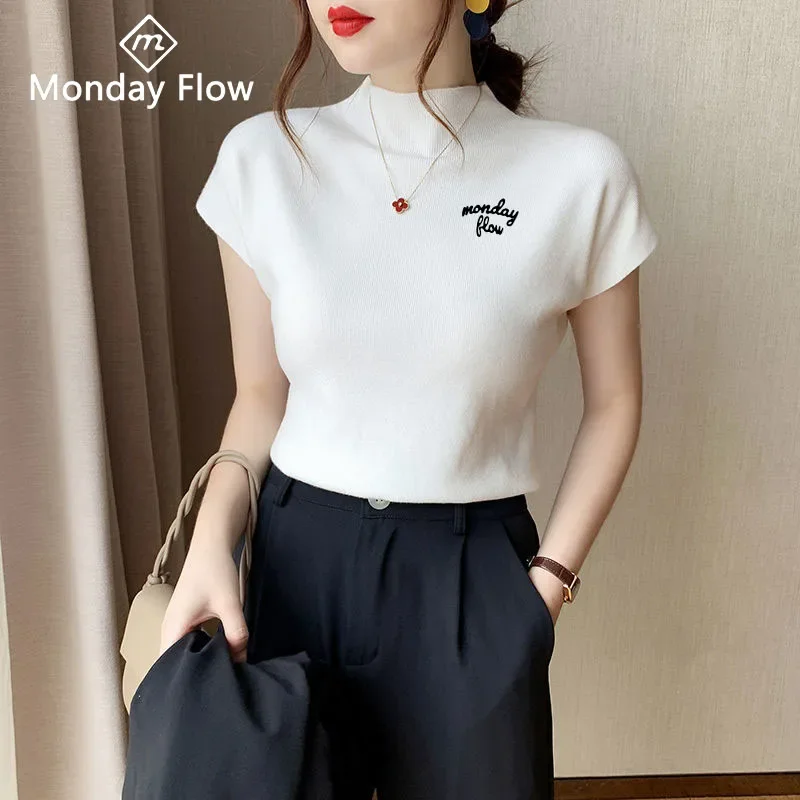 Mondayflow Women Elastic Tennis Sweaters Ladies Slim Knitted Bottoming Shirts Women Stand Collar Shorts Sleeve Tops Golf T-Shirt