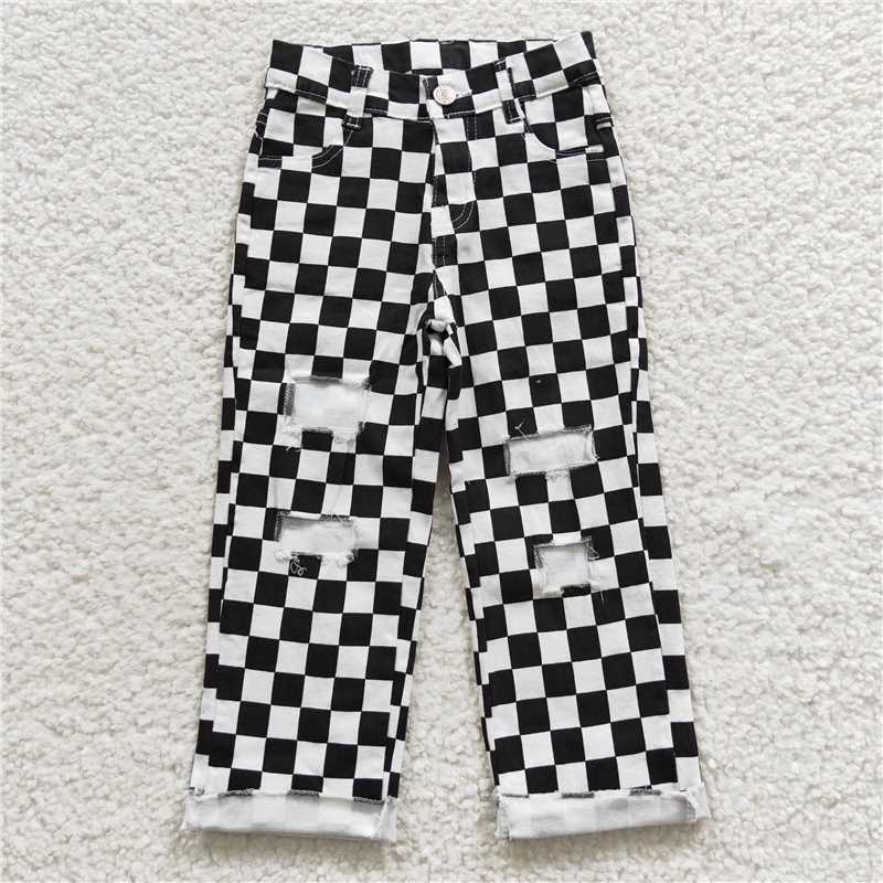 Wholesale Toddler Zipper Pants Kid Infant Pocket Black Checkered Children Denim Trousers Baby Boy broken-hole Jeans New Clothing