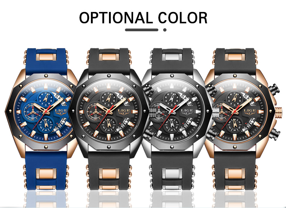 LIGE Mens Watches Brand Luxury Silicone Strap Waterproof Sport Quartz Watch Men Chronograph Military Clock Multi-function chronograph Student watches