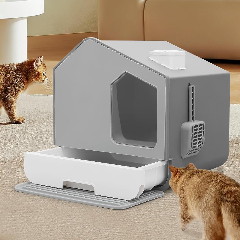 Fully Enclosed Splash-Proof Cat Litterbox with Litter Catcher MatHouse Shaped Boxes Slide Cleaning Design for Cats Under 10 Lbs