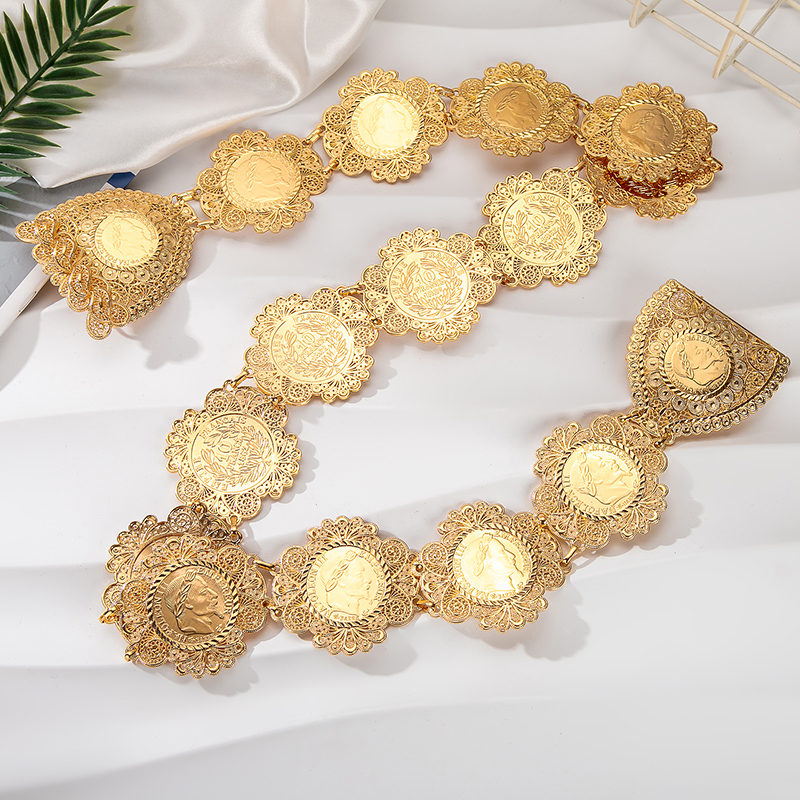 fatima Moroccan Style Gold Color Belt Coin Waist Chain Algeria Wedding Crystal Tassel Necklace Senior Sense Women's