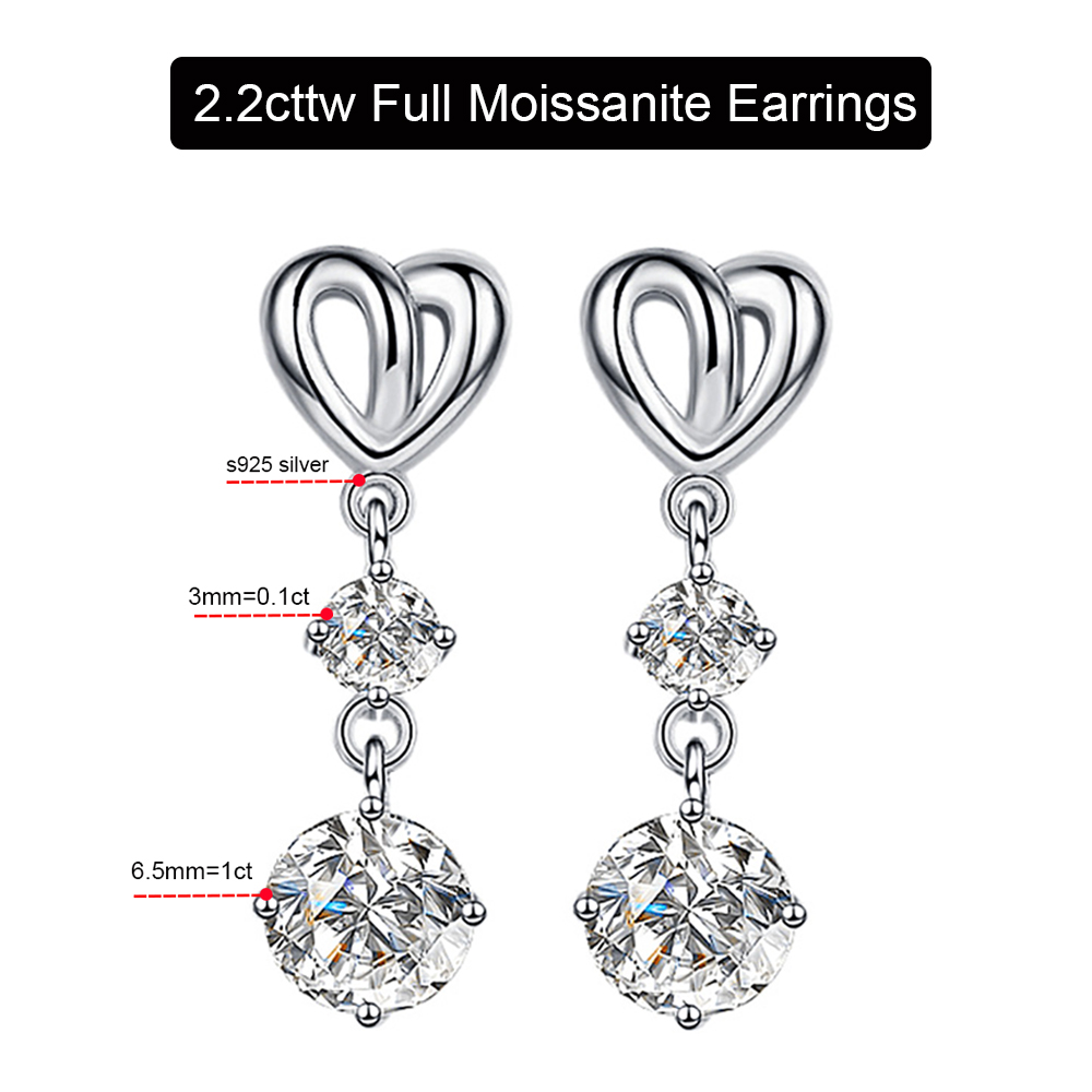 Serenity 2.2cttw Real D Color 1 Carat 6.5mm Full Moissanite Tassels Earring For Women S925 Sterling Silver Stud Ear Fine Jewelry
