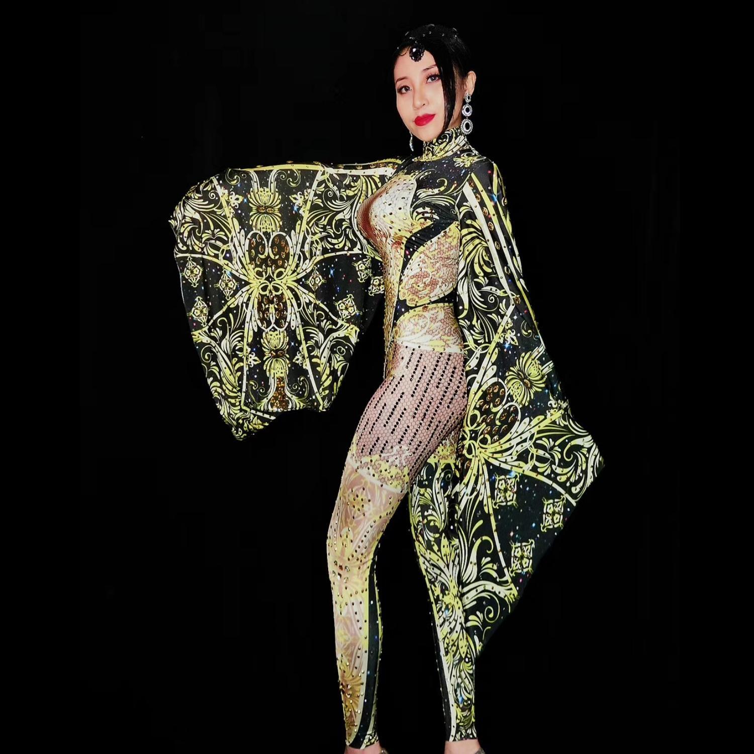 Gold Rhinestones Jumpsuit Women Sexy Leotard Big Sleeve Stage Costumes Singer Performance Outfits Dancer Rompers 2024 Nvhuang