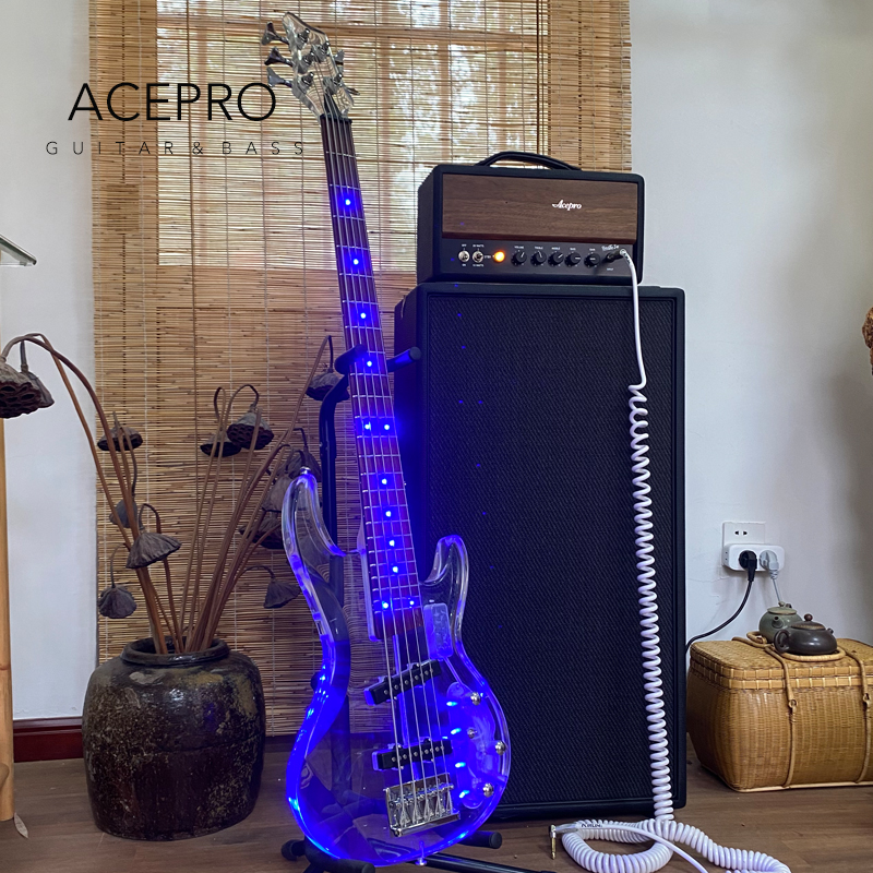 5 String Electric Bass Guitar Blue LED Light, Acrylic Body and Headstock, Maple Neck Rosewood Fretboard, LED Color Customizable