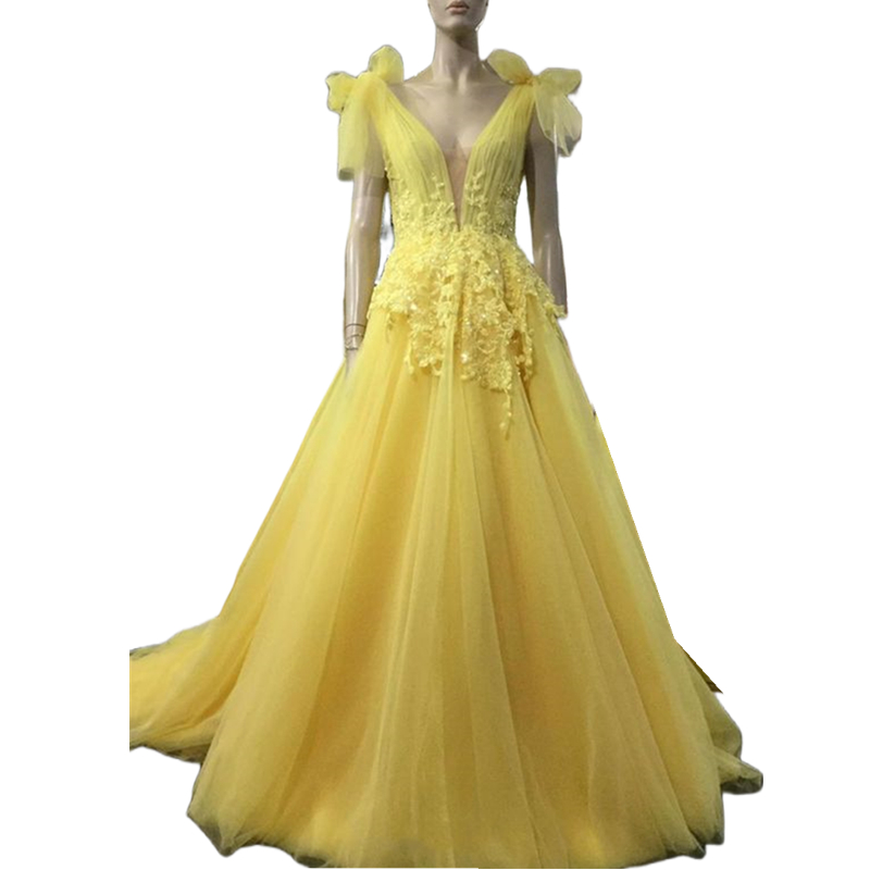 Backless Bow Straps A-Line Yellow Evening Dresses Lace Appliques Beaded Long Tulle Prom Dress Court Train Sweety Celebrity Special Occasion Gown For L