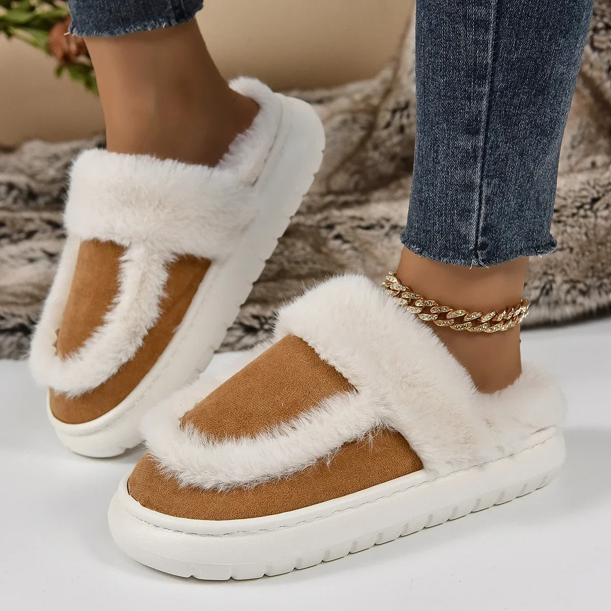 Winter Women Platform Fur Slippers Warm New Short Plush Flats Home Cotton Shoes Suede Slippers Slides Women Claquette Femme 240629