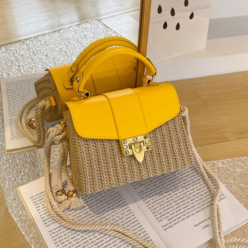 PU Straw Splicing Square Hand Hasp Rope High Quality Shoulder and Crossbody Bags for Women 2024 Casual Hot Sale Summer H6.29#36 ddmymoon