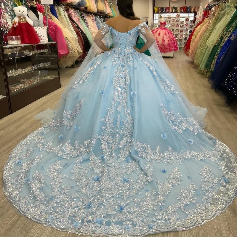 Mexico Sky Blue Off The Shoulder Ball Gown Quinceanera Dress For Girl Applique Beaded 3DFlowers Birthday Party Gowns Prom Dress