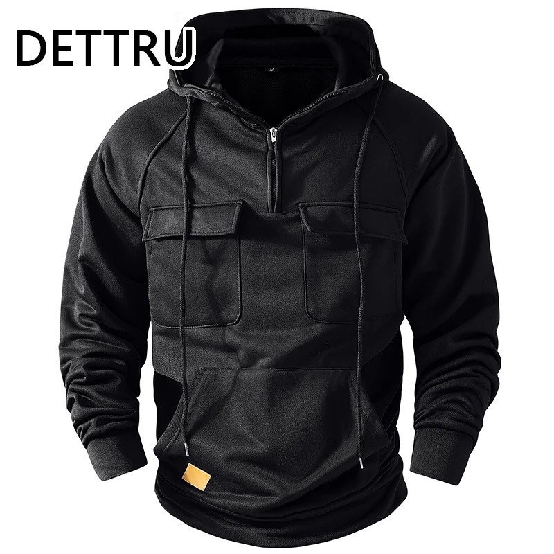 Mens Hoodies Sweatshirts Multi Pockets Male Hooded Jackets Outdoor Half Zipper 240620