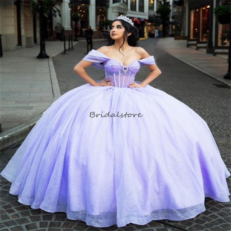 Glitter Lilac Quinceanera Dresses 2024 Charro Off Shoulder Vestidos De 15 Anos Quinceanera Corset Birthday Fifteen Party Gowns Big Bow Back Vestidos D