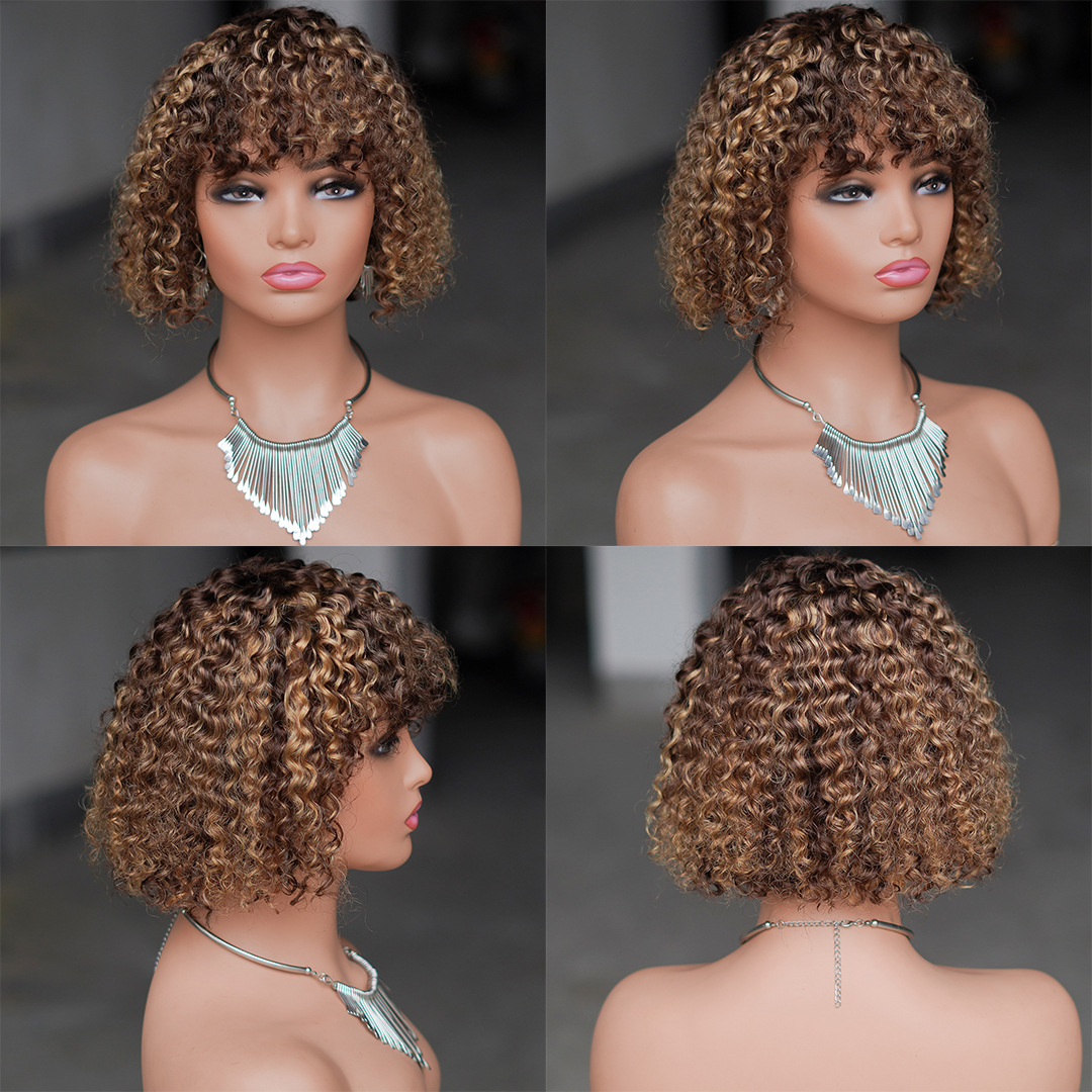 Jerry Curly Human Hair Wigs with Bangs None Full Lace Frontal Wigs Burgundy Piano color Colored Wigs for Women Short Bob Wig