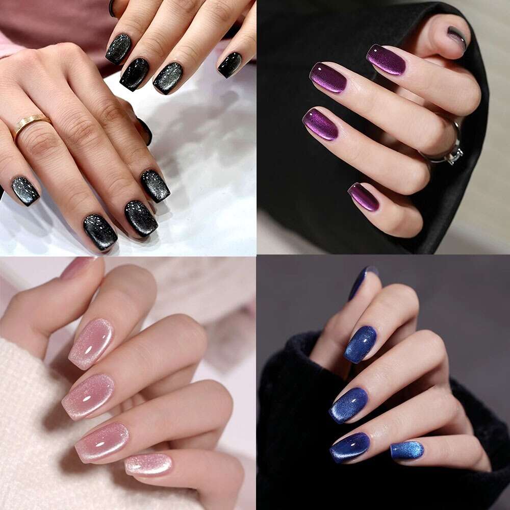 24Pcs Fashion Cat's Eye Fake Square Head French Nail Press on Nails Detachable Rhinestone Waterproof Faux Fingernails F629-9