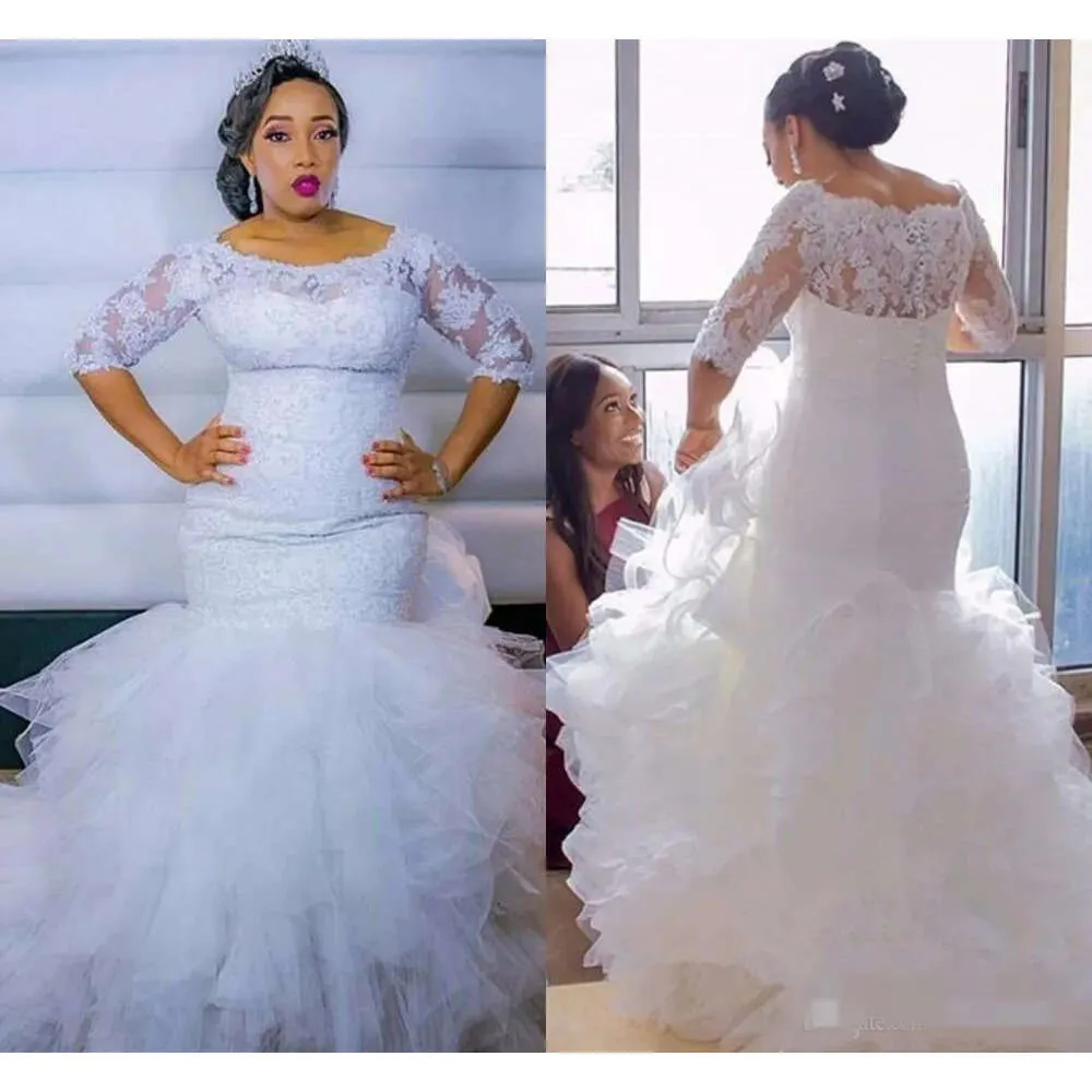 2024 Ruffles Tiered Mermaid Wedding Dresses White Lace Long Bridal Gowns Half Sleeves Scoop Neck Plus Size African Bride Dress Custom Made