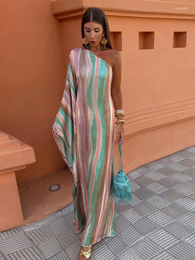 Casual Dresses Chic Gradient Printed Diagonal Collar Bow Lace Up Maxi Dress Women Sexy Backless Off Shoulder Sleeveless Robe Summer Lady