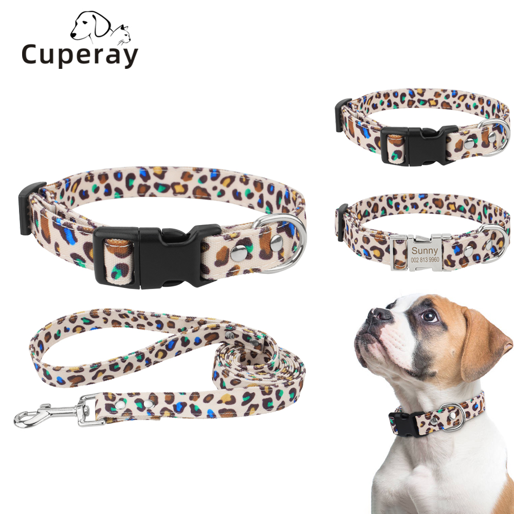 Personalized Custom Dog Collar and Leash Set,Leopard Pattern Polyester Webbing 120cm Leash,for Small Medium Large Dogs Collars