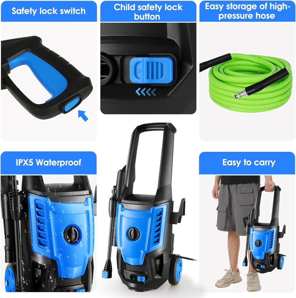 Suyncll Electric Pressure Washer Powered, 2.5 GPM Power Washer SY 3500 1800W High Pressure Car Cleaner with All-in-one Spray Noz