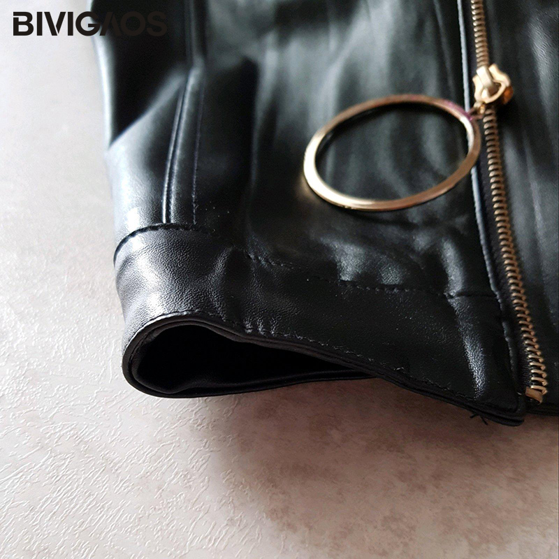 BIVIGAOS New Women's Large Ring Zipper PU Leather Skirt A-line Black High Waist Skirt Women Gothic Mini Skirt