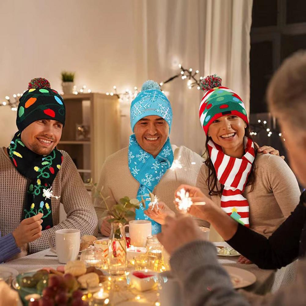 Colorful Led Winter Cap Vibrant Led Christmas Hat Scarf Set Snowflake Santa Elk Print Festive Tassel Beanie For Unisex