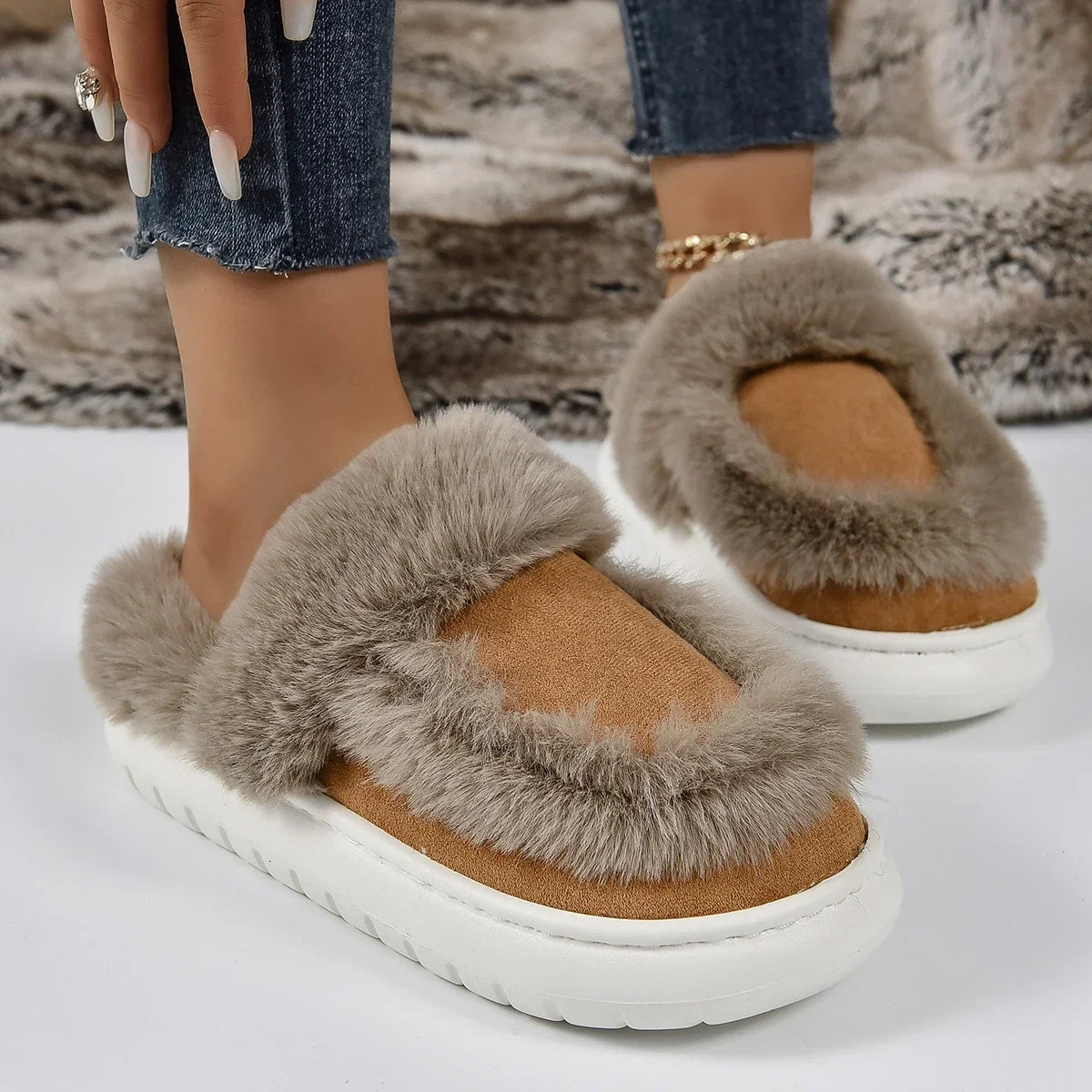 Winter Women Platform Fur Slippers Warm New Short Plush Flats Home Cotton Shoes Suede Slippers Slides Women Claquette Femme 240629