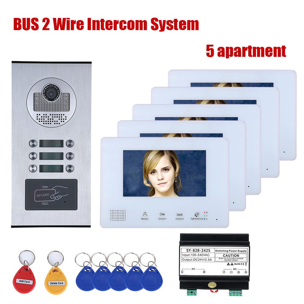 7 Inch BUS 2 Wire Video Door Phone Intercom systems Kit for home 2/3/4/5/6 Units Apartment Night Vision