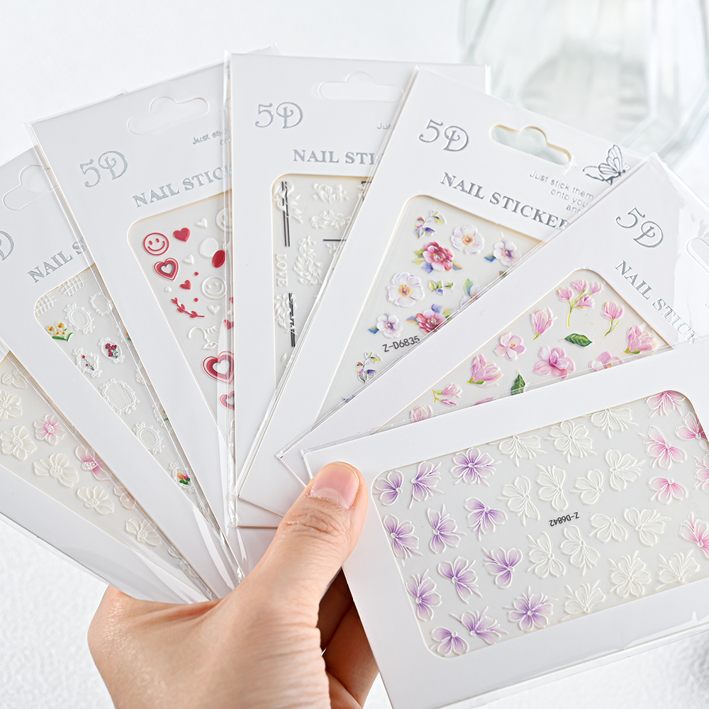 1PC 5D Nail Stickers Embossed Colorful Flower Engraved Design With Textured Self-Adhesive Slider Decals Manicure Nail Art Decora
