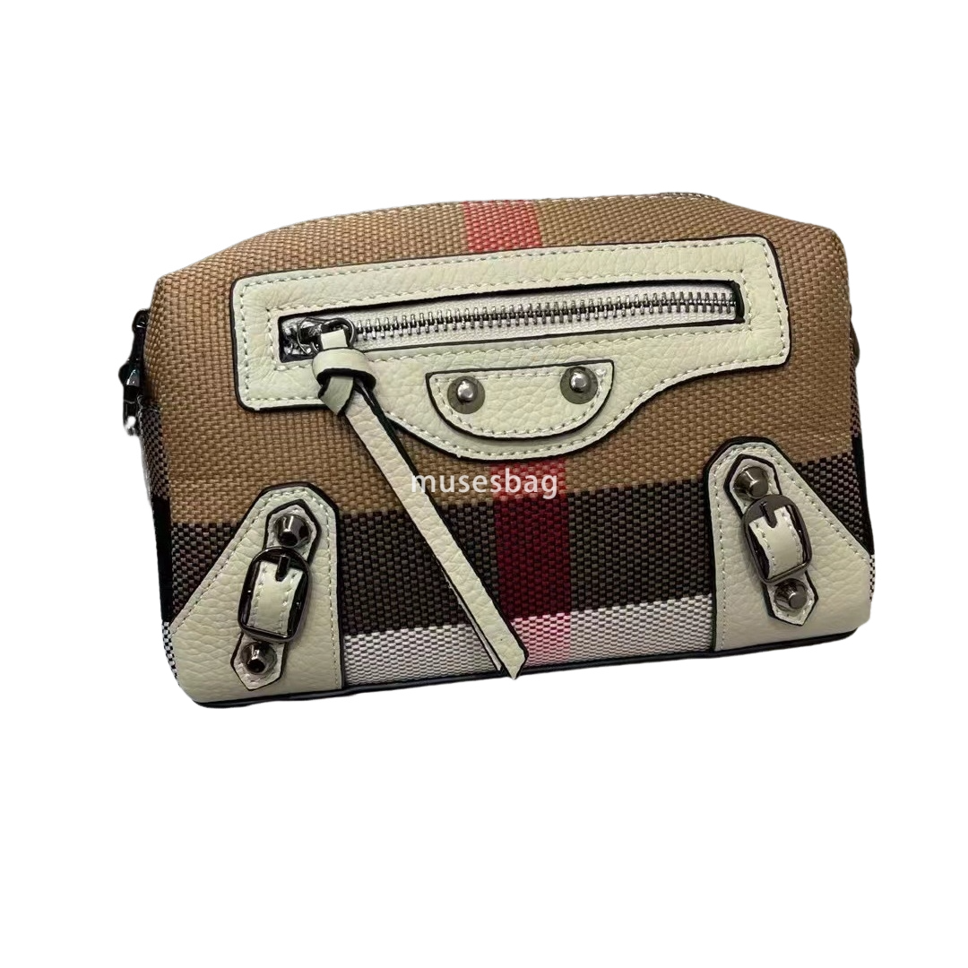European and American retro niche design new top layer cowhide canvas plaid contrasting small square bag mobile phone bag wallet mom bag