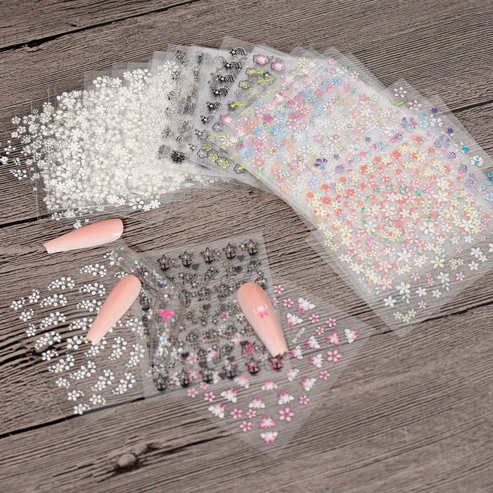 1 Set 24/30/50 Sheet Random Nail Art Sticker Transparent Bottom White Black Blue Flower Butterfly Series 3D Nail Sticker