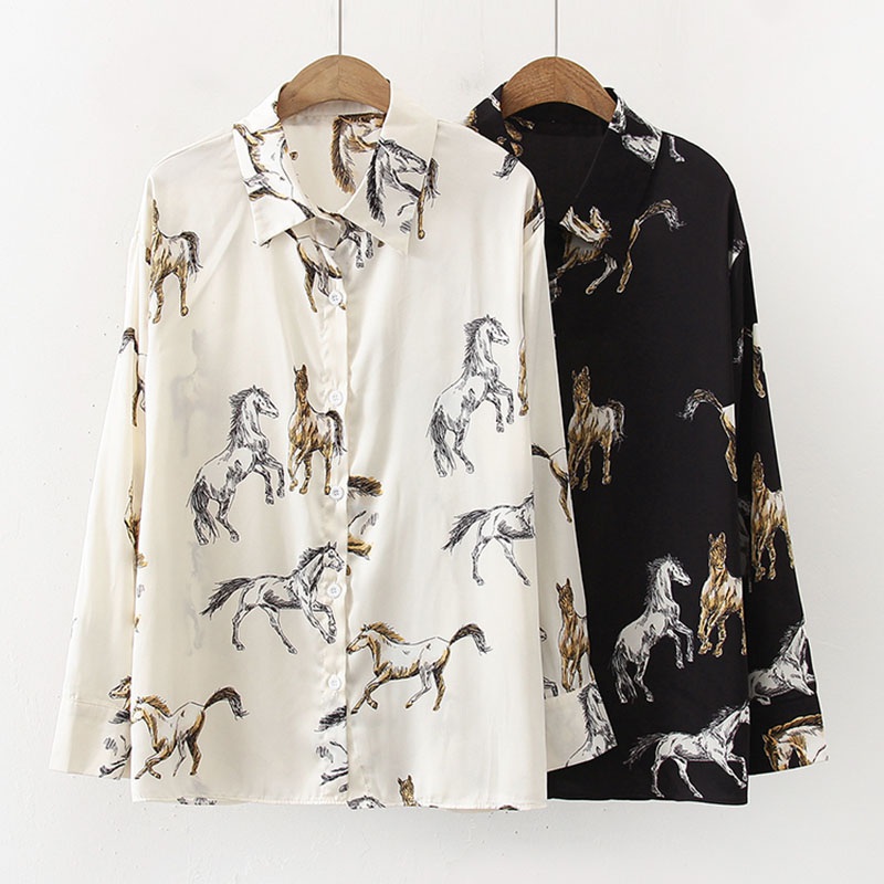 Chic Animal Horse Print Women Long Sleeve Shirt Spring Retro Hong Kong Style Design Niche Satin Blouse