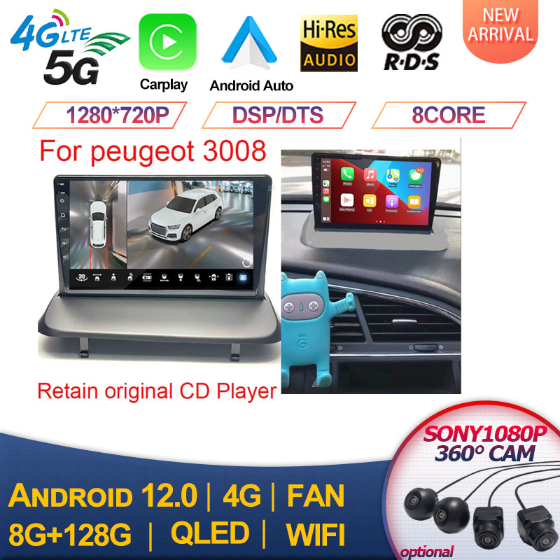 For Peugeot 3008 2009 - 2015 Android 13 QLED Screen Car Radio Stereo Multimedia Player 2Din 8 128G Carplay Autoradio WIFI BT RDS