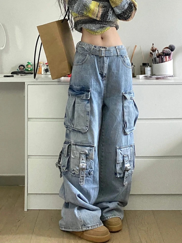 Autumn Winter Ladies Cargo Jeans American Street Style Baggy Pant Blue Multipocket Wide Leg for Women 240626