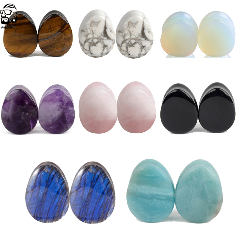 2pcs Natural Stone Teardrop Ear Plugs Tunnel Flesh Earrings Gauges for Women Men Trendy Ear Expander Stretcher Piercings Jewelry