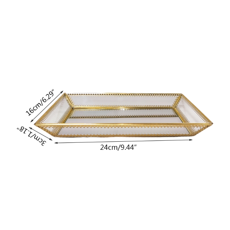 Rectangle Gold Mirror Jewelry Organizer Tray Glass Metal Makeup for Bathroom P9YF