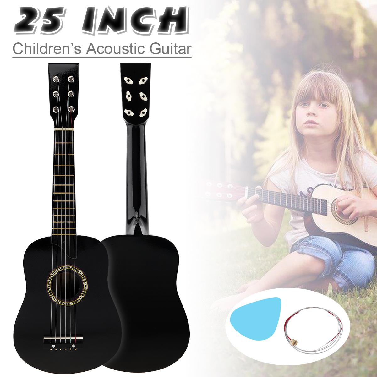 25 Inch Acoustic Guitar Black Basswood Adults Guitarra with Pick Strings Musical Instrument Gifts for Children and Beginner