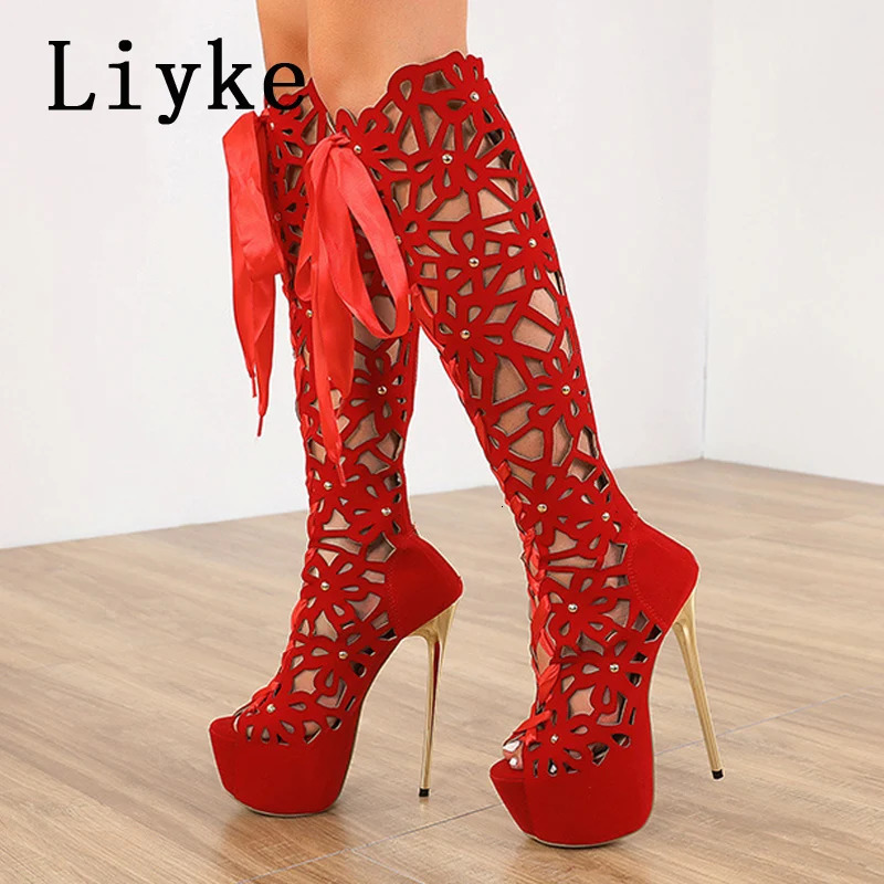 Liyke 16CM Ultra Thin High Heels Sexy Nightclub Hollow Out Over The Knee Boots Women Peep Toe Lace-Up Zip Platform Shoes Sandals 240629