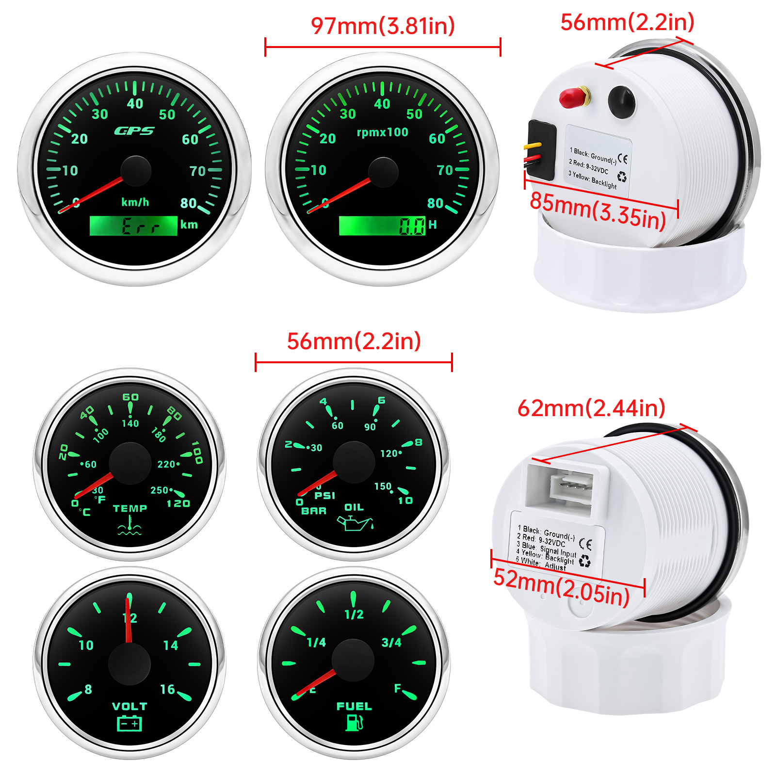 HD 6 Gauge Set 85MM GPS Speedometer with Tachometer with Sensor + 52MM Water Temp Gauge Oil Pressure Fuel Level Meter Voltmeter